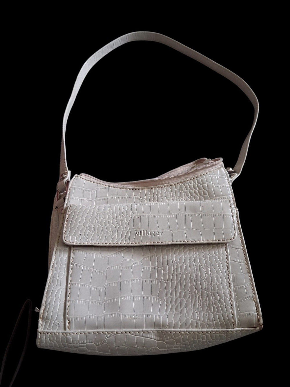 villager Cream Croc-Embossed Shoulder Bag with Front Flap
